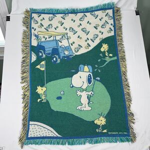 Vintage Peanuts Snoopy Throw Blanket Woodstock Golf Quiltex Cotton 1995 USA